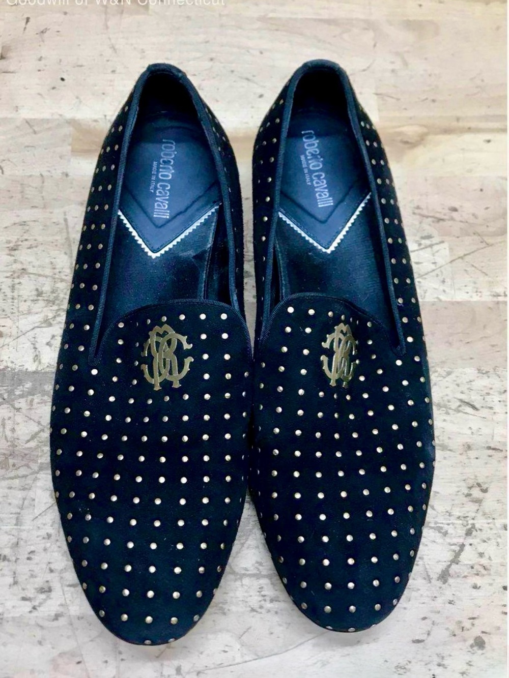 Roberto Cavalli Black Velvet Studded Slip-On Loafers with Gold Emblem Size 10 US